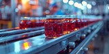 Fototapeta Kwiaty - Line for the production of fruit jam. Production of juices, drinks on a conveyor belt. Generative AI