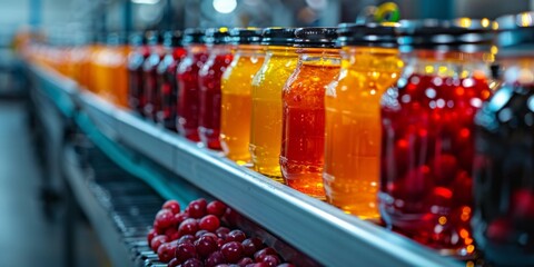 Fototapete - Berry and fruit juices on a conveyor belt. Automatic juice production. Generative AI