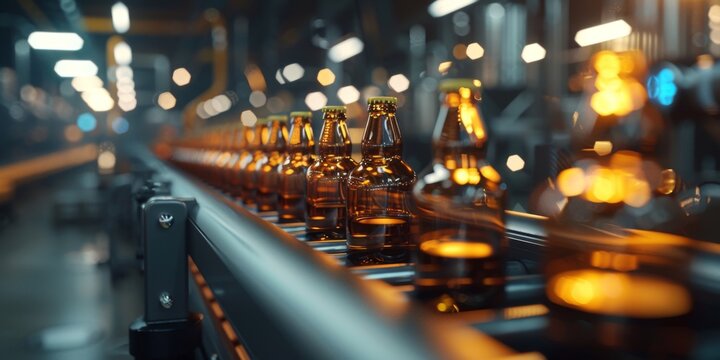 Brown glass bottles on a conveyor belt. Modern production line, beer bottling plant. Generative AI