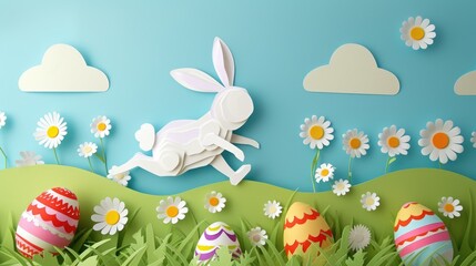 Wall Mural - A paper bunny and Easter eggs are surrounded by flowers and plants in a happy meadow. The natural landscape includes grass and petals under a blue sky AIG42E