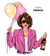 Fashion woman in sunglasses holding balloons and bottle of wine. Vector illustration