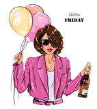 Fototapeta Miasta - Fashion woman in sunglasses holding balloons and bottle of wine. Vector illustration