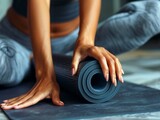 Fototapeta  - Close up woman hand rolling her mat after a yoga class
