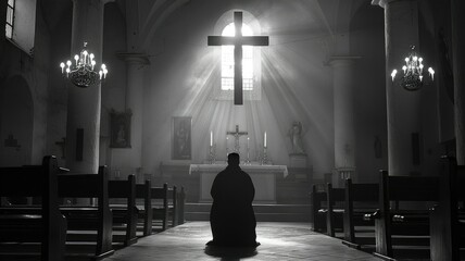 Wall Mural - Ethereal Light Shining Through the Cross in a Serene Church Interior