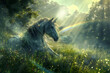 A unicorn lies in the green grass among flowers against a background of forest, sky and rainbow