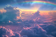Sky with the clouds pink and blue color with rainbow, view from above
