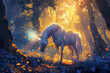 Illustration with vagical Unicorn in the mistical  forest on the sunrise background in the dreamy atmosphere