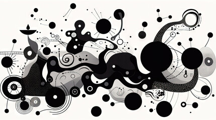 Poster - Geometric abstract background with black dots, circles and lines.