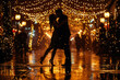 Couple dancing or embracing passionately in the rain. Romantic silhouettes: couple dancing under rain. Love story concept.