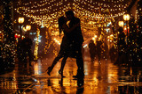 Fototapeta  - Couple dancing or embracing passionately in the rain. Romantic silhouettes: couple dancing under rain. Love story concept.
