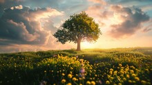 A Solitary Tree With Lush Green Foliage Stands In The Center Of A Grassy Field Dotted With Bright Yellow Wildflowers. The Sunlight Filters Through The Branches And Illuminates The Flowers, Creating A 