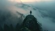 © Jesse - A person stands alone on the edge of a rocky outcrop, surrounded by a misty and ethereal landscape. The indistinct silhouette of coniferous trees emerges from the fog, which blankets the rolling terra