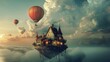 A large, whimsical house with traditional Tudor architectural elements is perched on a floating landmass above the clouds. Warm lights glow from the house's windows, suggesting a sense of habitation a