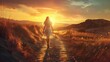 The image captures a serene scenario of a young woman from behind, walking along a narrow path through a golden field at sunset. The sun, low on the horizon, casts a warm, hazy glow that blankets the 