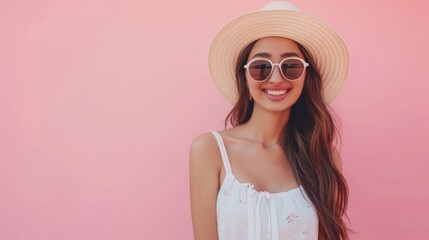 Happy young woman in summer outfit smiling and looking at camera over soft color background 
