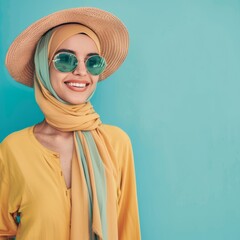 Happy young woman in summer outfit smiling and looking at camera over soft color background 
