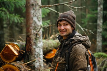 Sticker - Male lumberjack woodcutter with a saw in his hands against the background of a cut tree