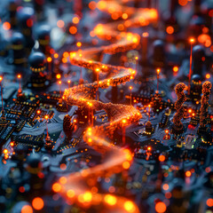 Wall Mural - A spiral of glowing wires and circuits. The image is a representation of the complex and intricate nature of technology and the internet. The bright colors and glowing wires create a sense of energy