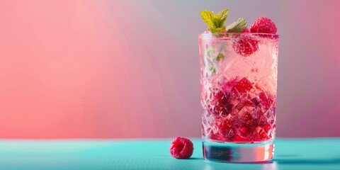 Wall Mural - Raspberries in a Glass With Ice on a Table