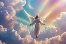 The Figure Of An Angel In The Sky Among Fluffy Clouds And Rainbows, Sun Glare, Pastel Colors
