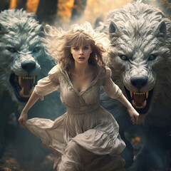 illustration of beautiful wild woman with two big wolf run through, Generative ai