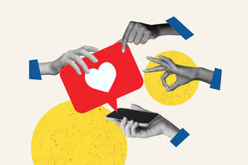 Leinwandbilder - Composite trend artwork sketch 3D photo collage of four hands show different gesture okay hold phone notification like heart popular