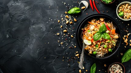 Wall Mural - Vibrant Pad Thai Noodle Dish with Shrimp,Vegetables,and Flavorful Sauce on Dark Moody Background with Copy Space