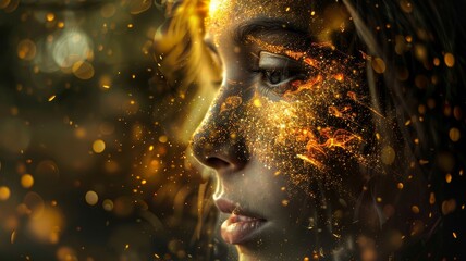 Wall Mural - Abstract pic of young female with sparkling gold tones.