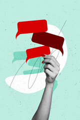 Fototapete - Image collage artwork of woman arm hold card placard with empty space isolated on painted background