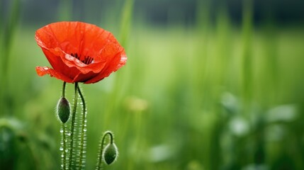 Wall Mural - A red poppy among green grass. Banner with copy space.