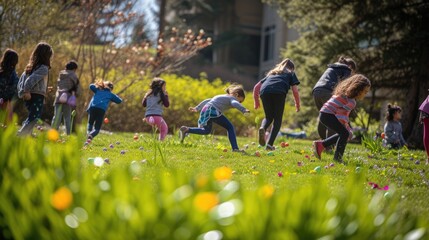 Sticker - A group of children are enjoying a leisurely afternoon playing with Easter eggs in the grass, surrounded by trees and beautiful flowers under a clear blue sky AIG42E