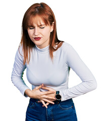 Canvas Print - Redhead young woman wearing casual turtleneck sweater with hand on stomach because indigestion, painful illness feeling unwell. ache concept.