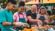 Multi-Generational Family Cooking Together at Outdoor Market, Happy Elderly Man with Kids