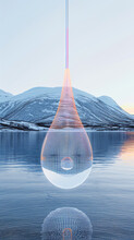 A Large Water Drop Suspended Above The White Lake Reflected A Colorful Light, Sacred Landscape,