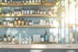 a blurred background showcases shelves filled with essential medical supplies in a pharmacy setting
