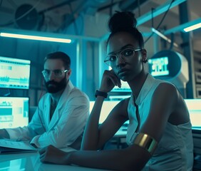 Aufkleber - Confident Multiracial Scientists Reviewing Data in a Modern Laboratory at Night