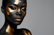 Elegant Makeup black Model with Gold Leaf, Glamorous Golden Effect, Professional Makeup.