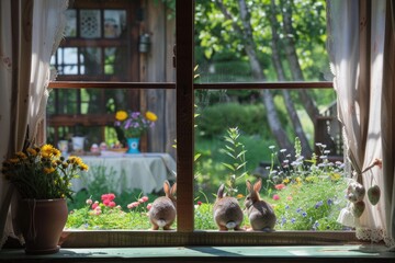 Wall Mural - An art piece showcasing a rabbit sitting on a table in front of a window, set against a natural landscape with plants, flowers, and trees AIG42E