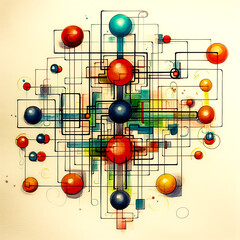 Poster - A colorful abstract painting of many different colored spheres. The spheres are arranged in a complex pattern, with some overlapping and others standing alone. The painting conveys a sense of energy