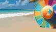 Ein bunter Hut vor atemberaubender Kulisse mit türkisblauem Meer, Strand, Palmen, Wellen und blauem Himmel. Poster, Werbung, Reisebüro.