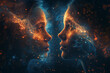 silhouette of two twin girls on the background of the universe, concept of parallel worlds