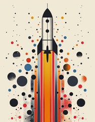 Dynamic Rocket Launch Illustration: Conveying Energy and Exploration with Vibrant Colors