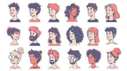 People avatars set. Young men and women with thinking face expressions. Modern line character heads, happy smiling thoughtful girls and guys.vector