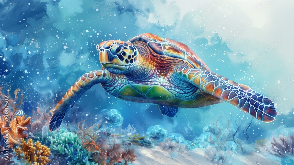 Watercolor illustration of a sea turtle swimming in the blue sea water ...