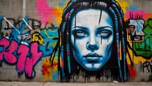 Robot Woman With Dreadlocks, Graffiti Street Art Fashion. Beautiful, Strong, Feminine Paint. Splashes Of Paint. Powerful Sketch Of Modern Wall Art. Home Decor Style.