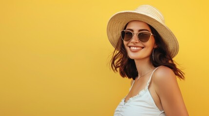 Happy young woman in summer outfit smiling and looking at camera over soft color background 
