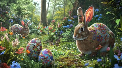 Wall Mural - A rabbit, possibly a Mountain Cottontail or Audubons Cottontail, is nestled in the grass among Easter eggs, resembling a scene from a painting AIG42E