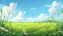 A Green Grass Field With White Flowers And Blue Sky