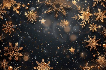 Poster - Elegant gold snowflakes and stars on a black background. Perfect for holiday designs