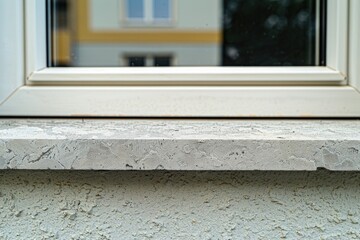 Poster - Close up of a window sill with a building in the background. Suitable for architectural and urban themes